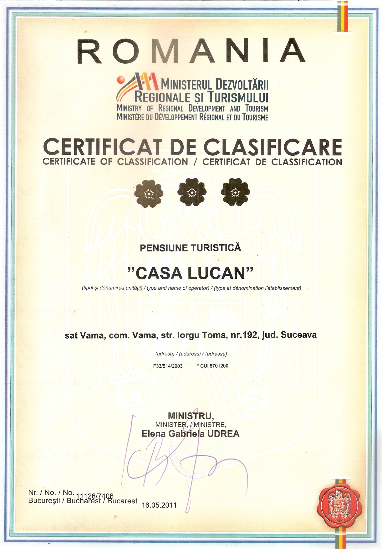 certificat de clasificare Casa Lucan